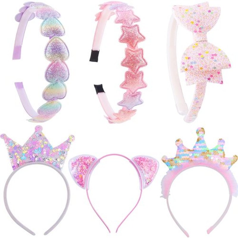 PUSABAOWO Headbands for Girls 6 Pack Toddler Headbands Glitter Kids Hairband Cat Bow Heart Star Crown Hair Accessories for Toddler Girls Teens