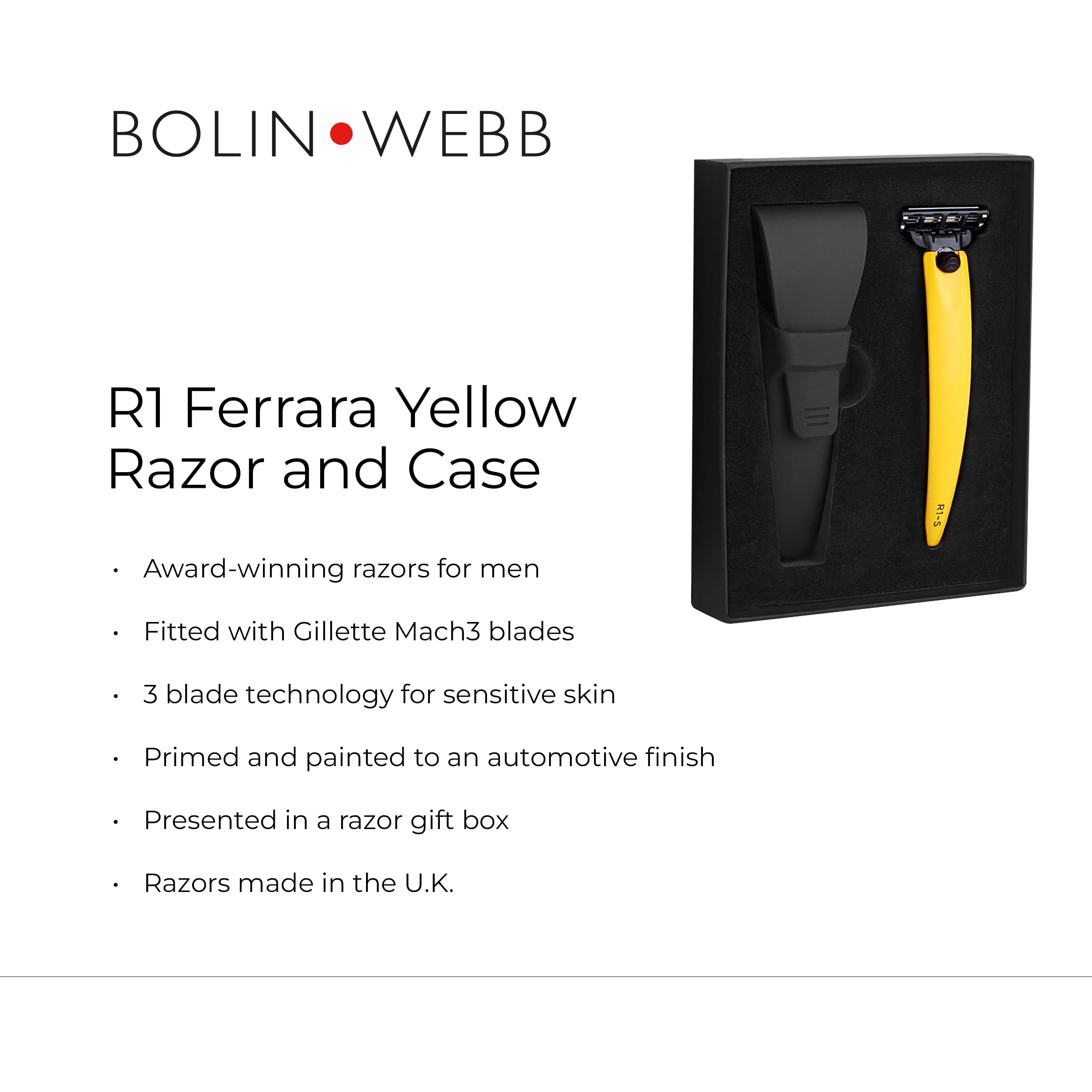 Bolin Webb R1 Razor & Travel Case - Premium Razors for Men with Gillette Mach3 Blade Cartridge, Lightweight Shaving Razor for Smooth, Irritation-Free Shave, Ideal Gift & Daily Grooming Set (Yellow)