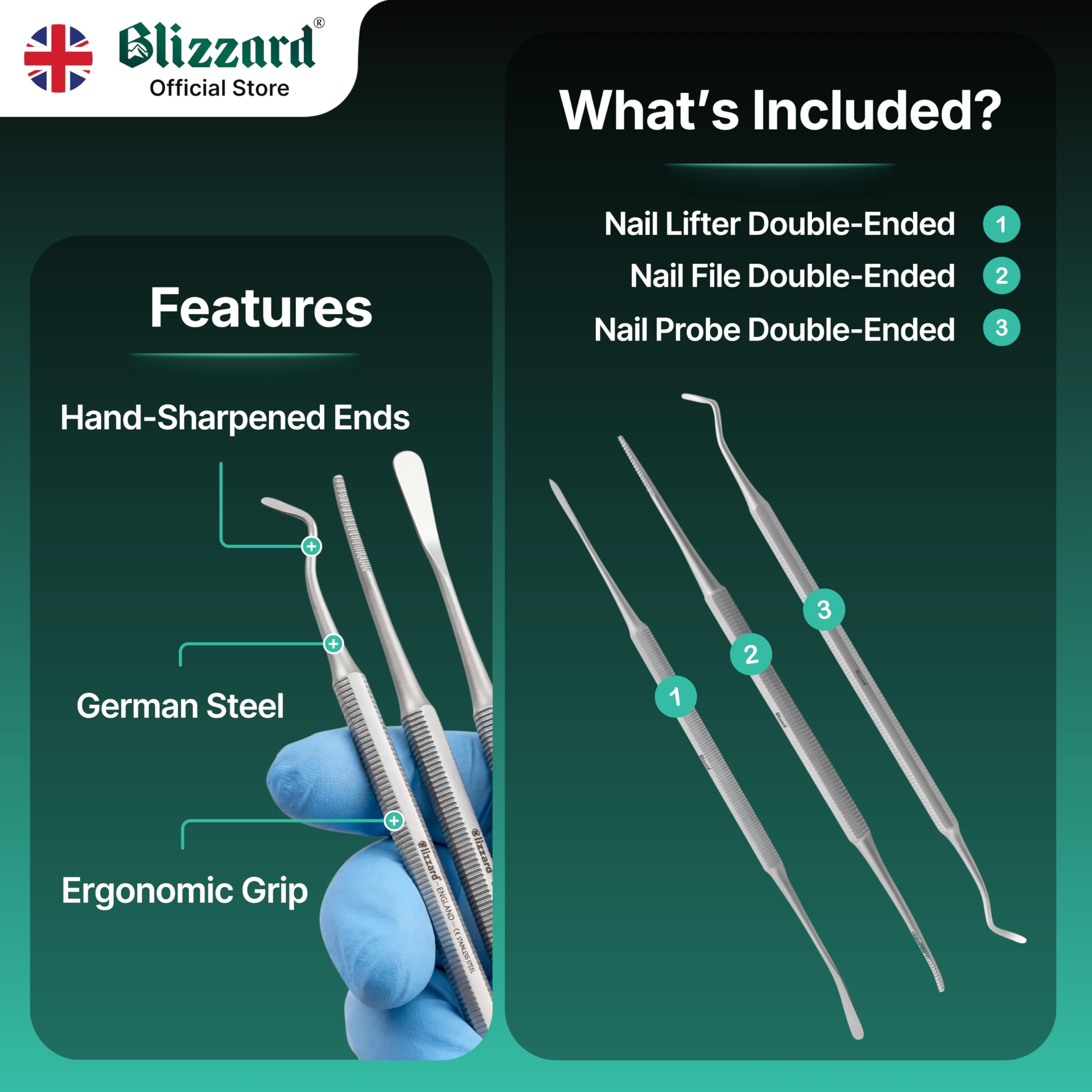 Blizzard Premium Blacks File Pedicure Set – 3-Piece Ingrown Toenail Kit - Double-Sided Toenail Cleaner, Nail File & Nail Lifter – Stainless Steel Podiatry Tools - Professional Foot Care Nail File Set