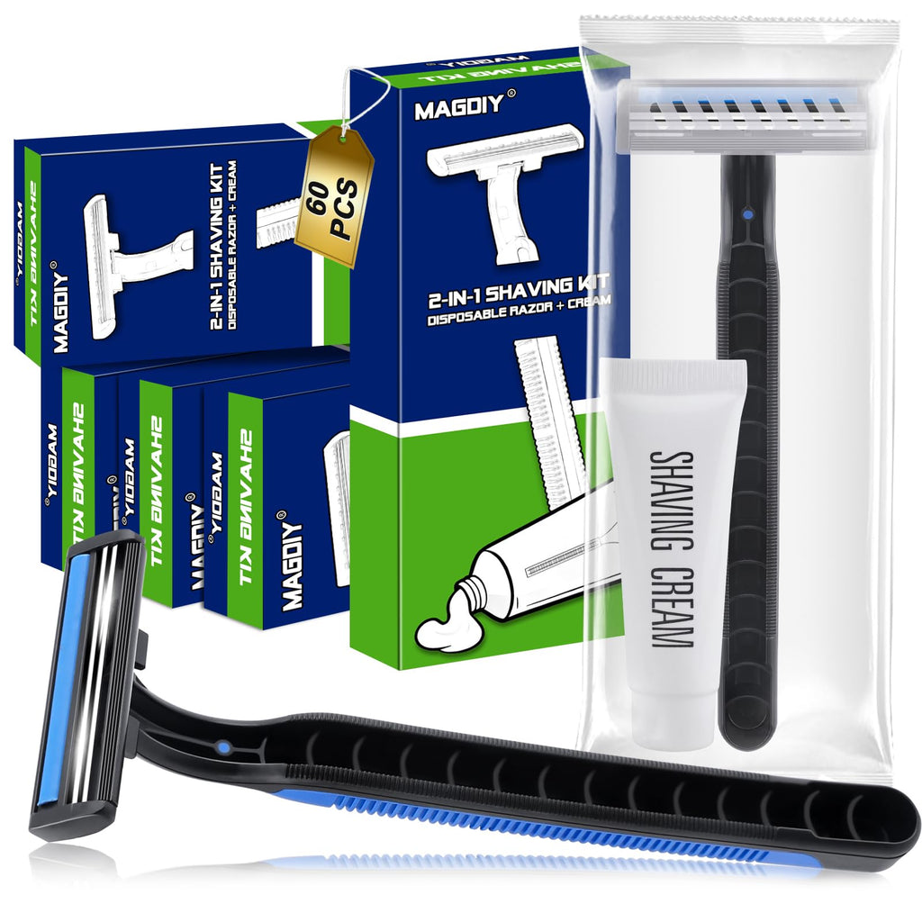 MAGDIY 60 Pack Disposable Razors Shaving Cream Bulk for Men Homeless Supplies, Travel Size Shaving Cream Kit, Disposable Razors Bulk, Individually Wrapped Toiletries for Hotel Airbnb Donation Shelter