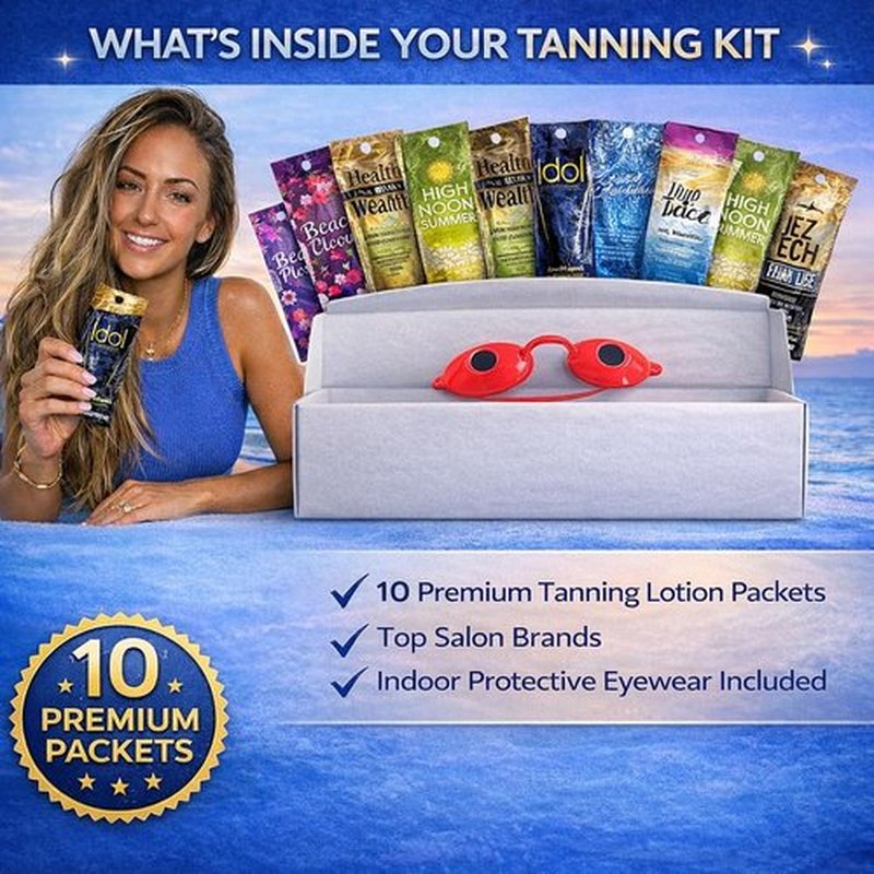 10 Pack of Tanning Bed Lotion Packets + Eyewear – The Tan Box, Best Indoor UV or Outdoor Sun Cream, Dark Accelerator with Goggles (0.5 oz each)
