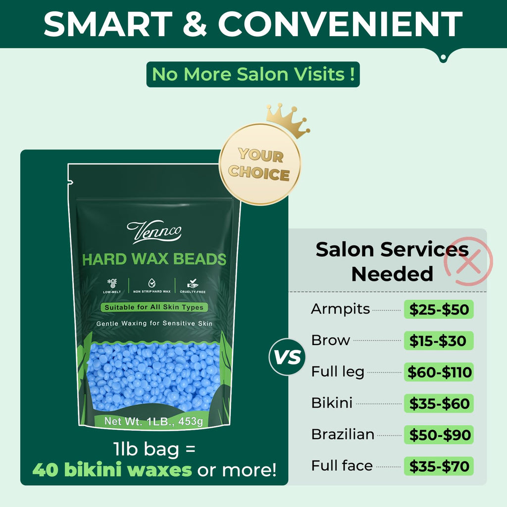 VENNCO 1lb Blue Wax Beads for Hair Removal, Hard Wax Beads Designed for Legs Arms, Face, Eyebrows, Underarm and Full Body Waxing at Home, Stripless Low Temperature Body Wax for wmomen and men