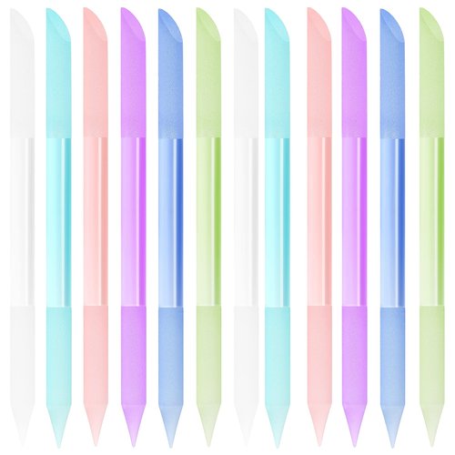 12 Pieces Glass Cuticle Pusher Crystal Double Sided Cuticle Trimmer Manicure File Glass Cuticle Stick Precision Filling Remover Tool Buffer for Women Salon Home Use, 6 Colors