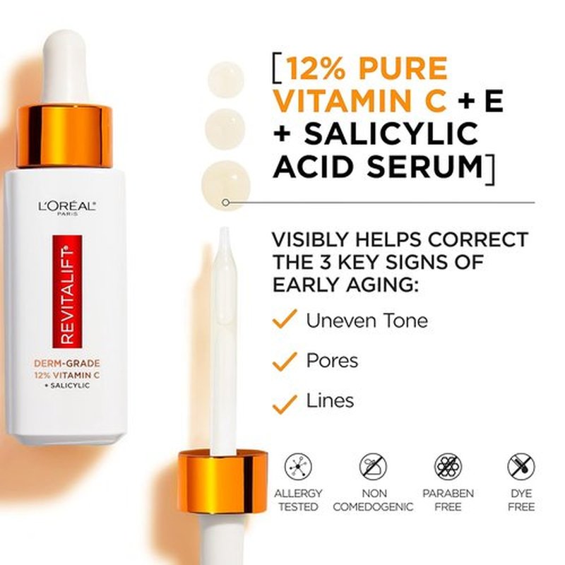L'Oreal Paris Revitalift Vitamin C Serum - Brightening Face Serum with Vitamin E & Salicylic Acid, 1 oz
