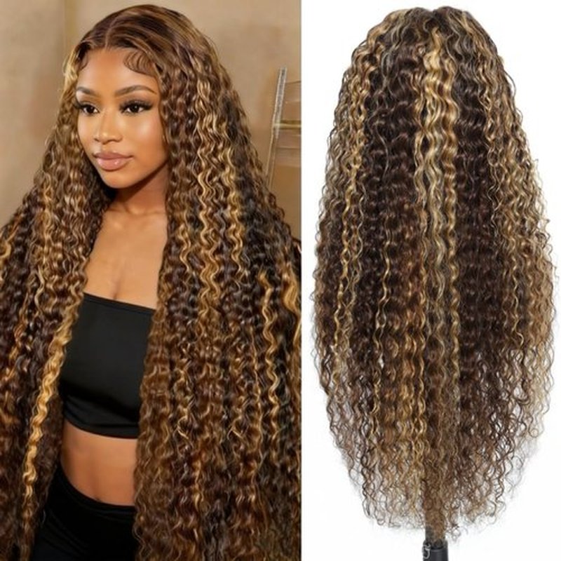 Myzebo 30 Inch Honey Blonde Wig Human Hair 200 Density Ombre Deep Wave Lace Front Wigs Human Hair 4/27 Highlight 13x6 HD Lace Frontal Wigs Pre Plucked Bleached Knots Real Virgin Hair