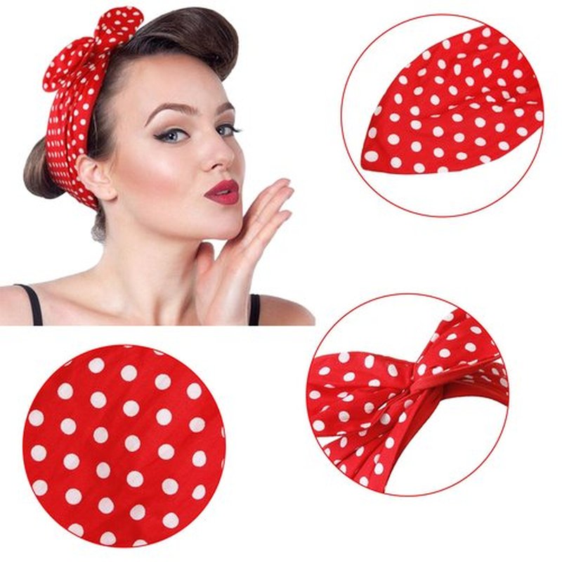 Huachi Red and White Polka Dot Bandana Headband Vintage Wire Hairband with Bow Wide Headbands Retro 50s Hair Accessories for Women