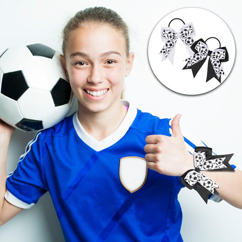 WILLBOND 20 Pcs Soccer Hair Bows Elastic Soccer Ball Hair Tie Accessories Sports Band for Women Player Football Party (White and Black)