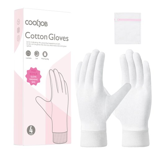 COOLJOB 4 Pairs Soft Moisturizing Cotton Gloves Set with Stretch Elastic Cuff, Overnight Lotion Sleeping Gloves for Dry Hands, Eczema Skin, Beauty Women SPA Essentials, Medium, White