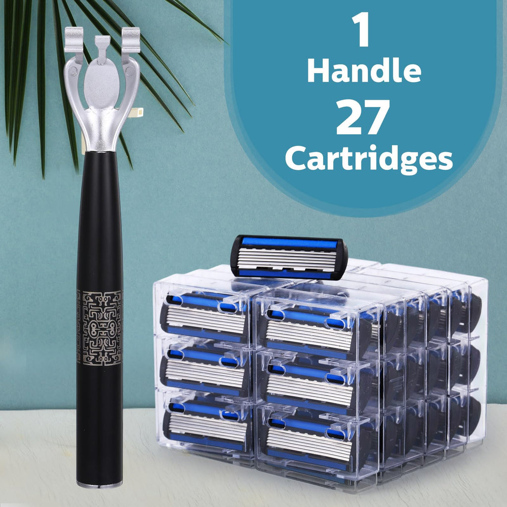 Leriton 28 Pcs Disposable Men's Razors Set Refillable 6-Blade Sensitive Skin Razor Kit for a Comfortable Shave, 1 Handle and 27 Cartridges