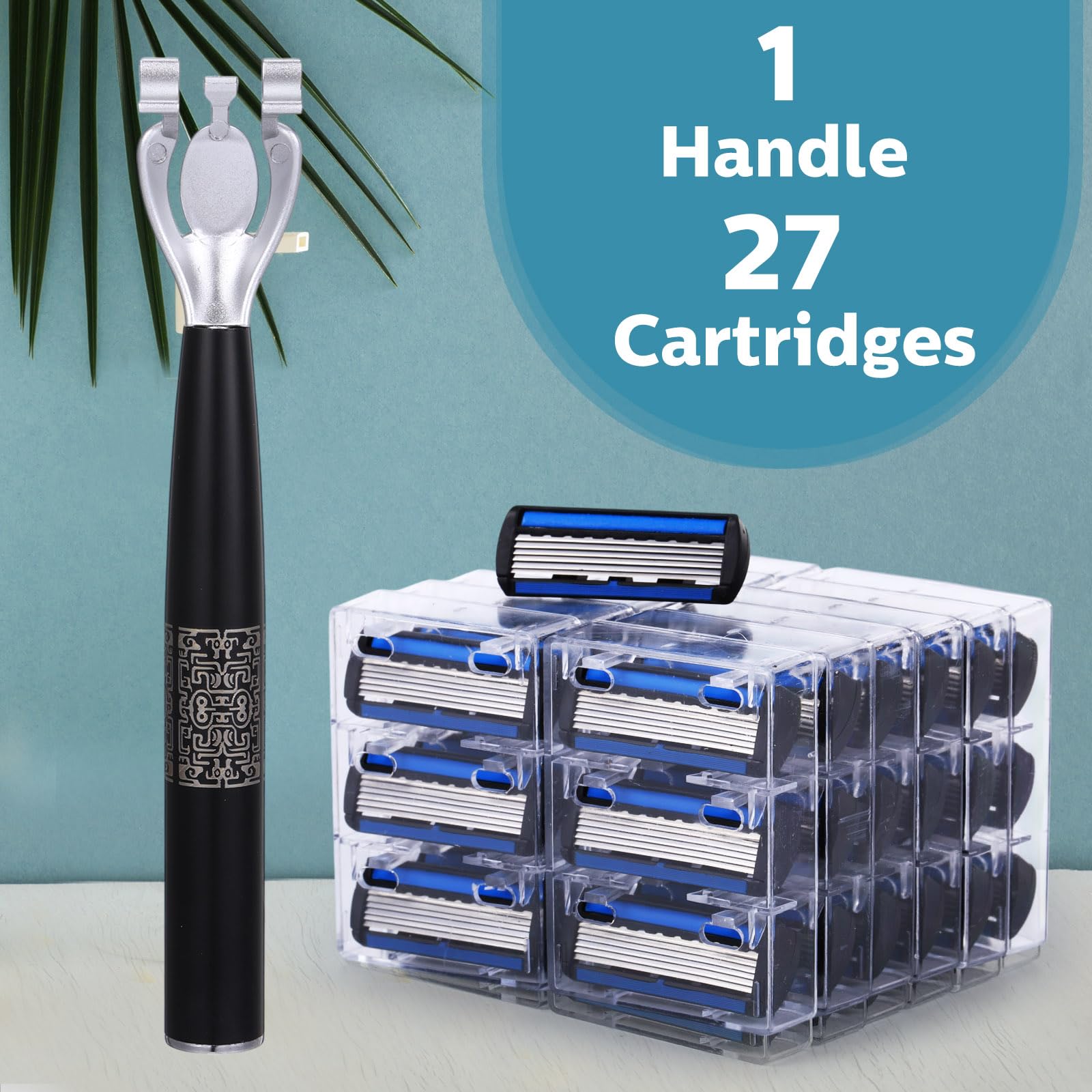 Leriton 28 Pcs Disposable Men's Razors Set Refillable 6-Blade Sensitive Skin Razor Kit for a Comfortable Shave, 1 Handle and 27 Cartridges