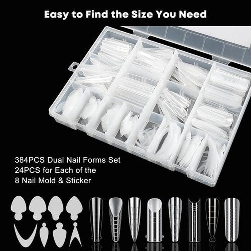 384pcs Dual Forms Kit for French Nails, 8 Styles 12 Sizes Scale for 192PCS Silicone Reusable Pads Stickers and 192PCS Forms, Molds for Poly Gel Extension