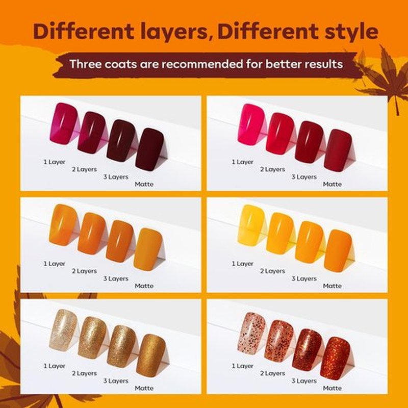 modelones Fall Nail Polish Set, 6 Colors Orange Yellow Red Brown Gold Glitter Quick Dry Remover Manicure Nail Kit Art Manicure DIY Home Salon Gift for Women