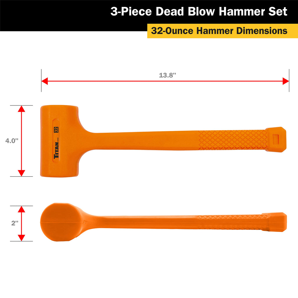 Titan 63143 3-Piece Dead Blow Hammer Set, Includes 1lb, 2lb & 3lb with Non-slip Diamond Textured Handles, Spark & Rebound Resistant