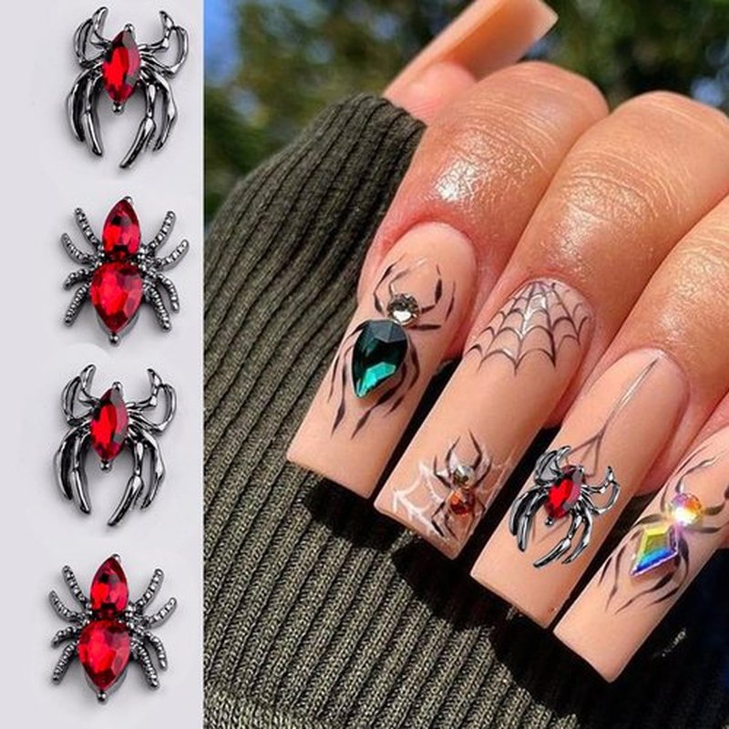 Spider Acrylic Nail Art Gems & Charms - Black & Red Spider Rhinestones - Halloween Nail Decor Accessories