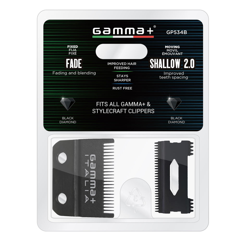 GAMMA+ Replacement Fixed Black Diamond Carbon DLC Fade Hair Clipper Blade with Shallow Tooth 2.0 Cutter Set