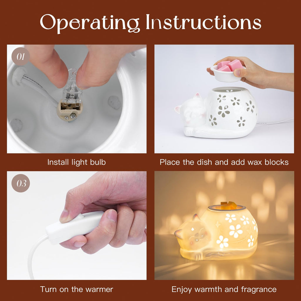 Candeldo Cat Wax Melt Warmer: Wax Melter for Scented Wax Cute Electric Wax Burner with 2 Replacement Light Bulbs Fragrance Candle Warmer Home Decor Birthday Gift for Women