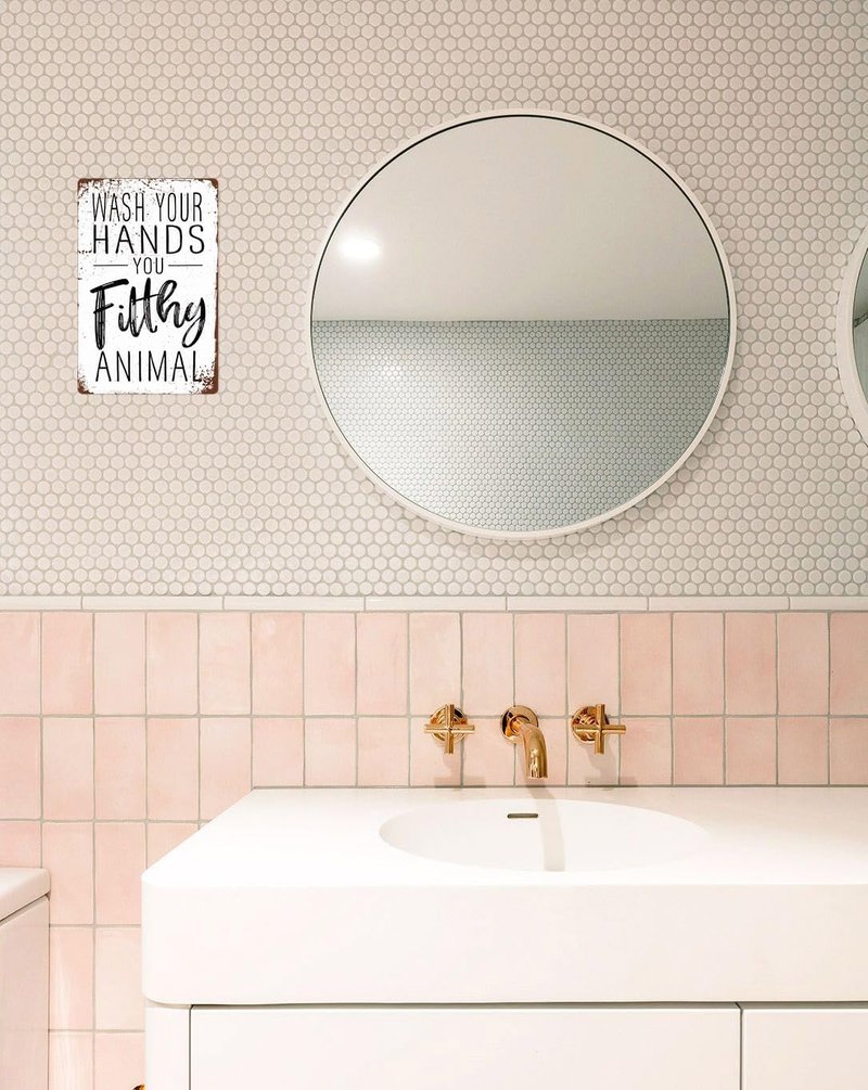 Funny Bathroom Wall Decor - 'Wash Your Hands You Filthy Animal' Metal Sign | 8x12 Inches for Guest Bath & Office