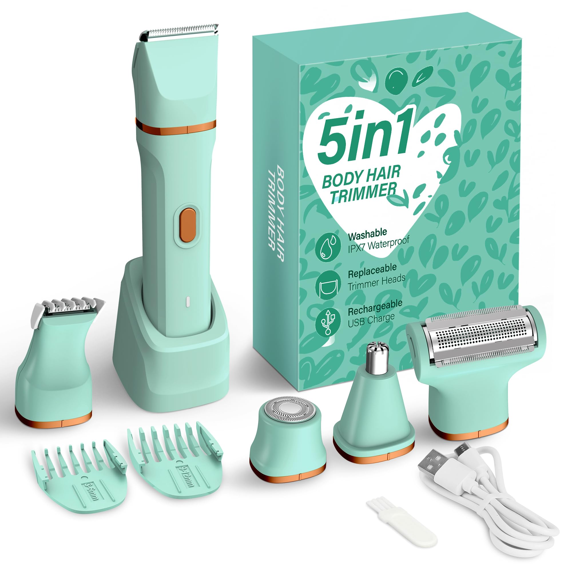 KINGTEE 5-in-1 Electric Bikini Trimmer for Women – IPX7 Waterproof Shaver, Cordless Body & Facial Razors for Women, Ceramic Blades, USB-C Rechargeable, Painless Hair Removal Kit (Pure Green)
