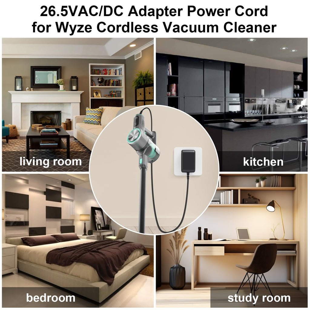 VIFOCUFY 26.5V AC/DC Adapter Charger Compatible with Wyze WCVV2CD Cordless Stick Vacuum 26.5VDC 0.5Ah Lithium Li-ion Battery 300W Lightweight Cordless Stick Vacuum Cleaner Charger Power Cord Supply