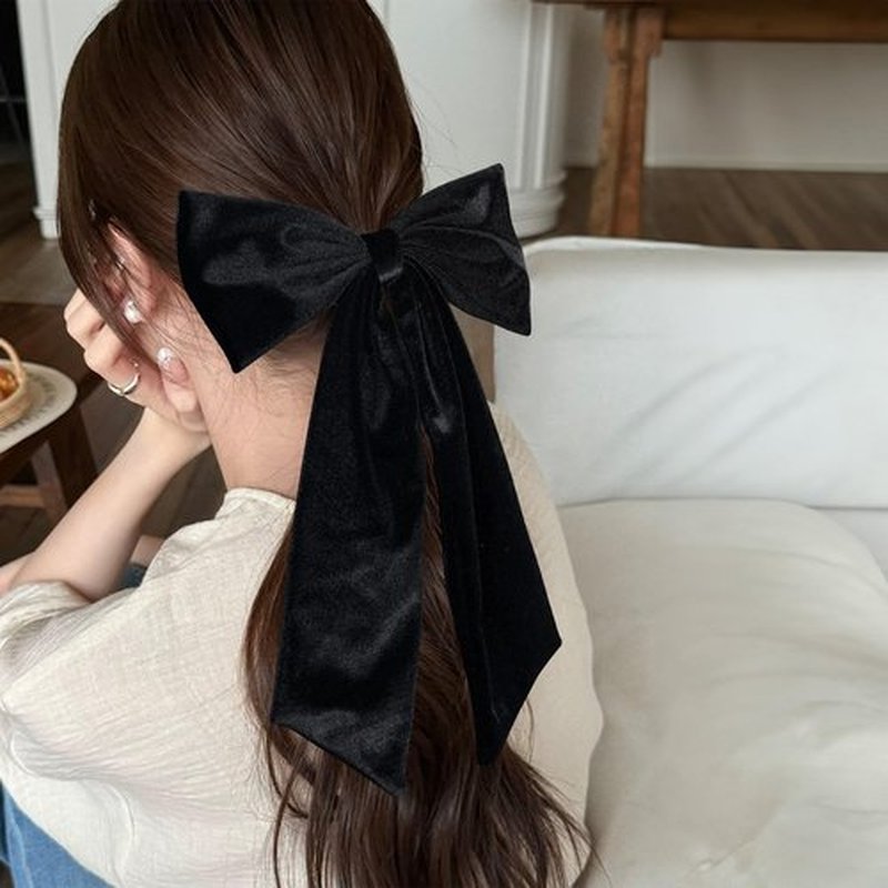 6.5 Inch Velvet Hair Bow Clip Classic Bowknot Ponytail Holder Long Velvet Ribbon Barrette Hair Accessories for Women Girls, Black