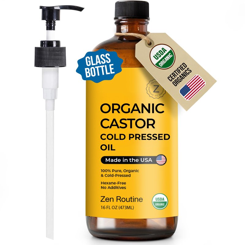 Zen Routine Organic Golden Castor Oil Glass Bottle 16oz (Single) — Hexane Free – Cold Pressed Unrefined – For Hair Growth, Lashes & Castor Pack Wrap – USDA Certified — Made in USA