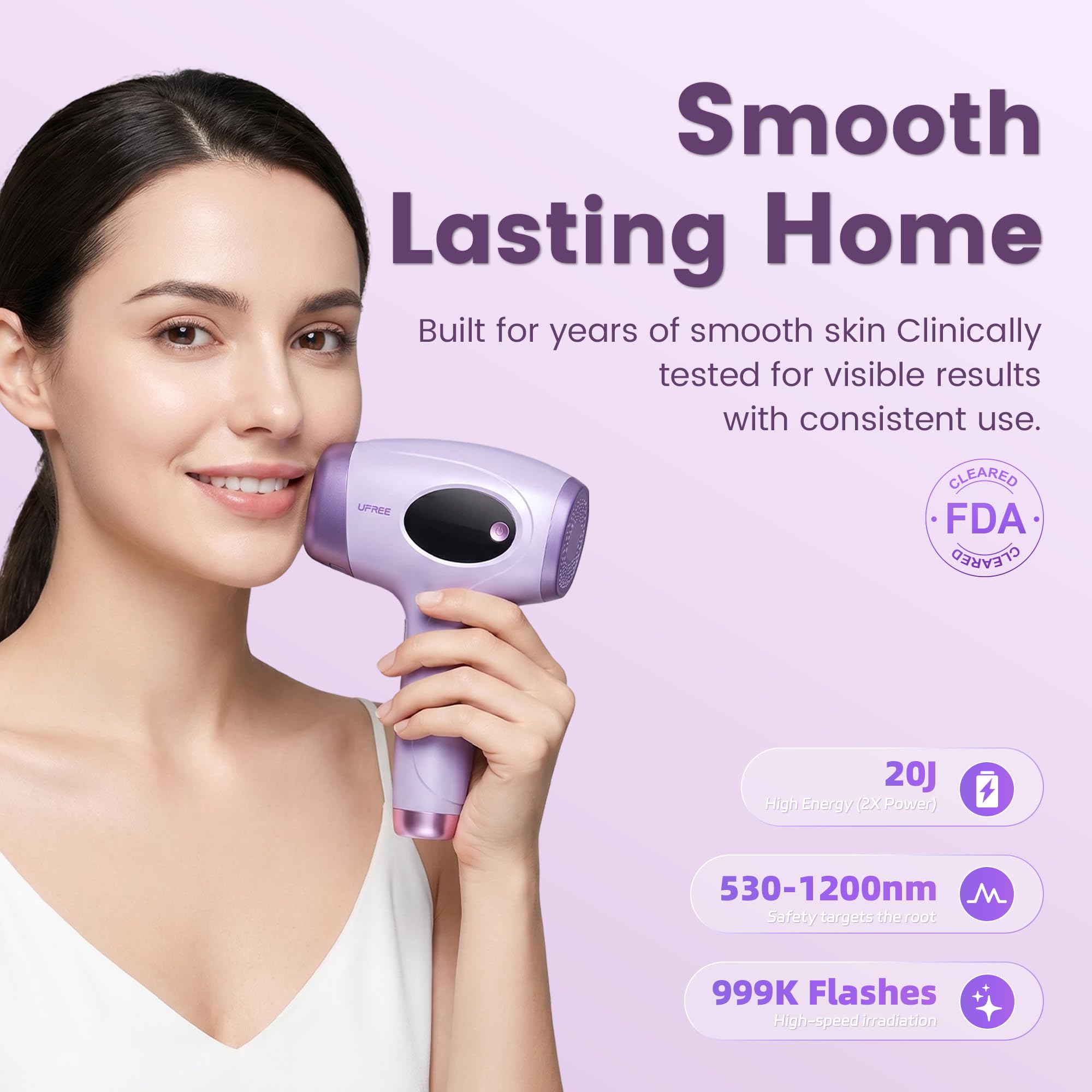 Ufree IPL Hair Removal Device, Full Body for Women Men at Home, Long-Lasting & Painless, 20J & 3 Smart Modes, 990k Flashes, Hair Remover for Armpits Legs Arms Face Bikini Line (Purple)