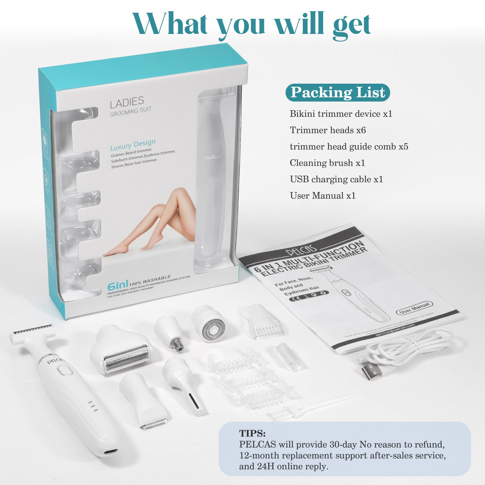 PELCAS Bikini Trimmer for Women Kit, 6 in 1 Waterproof Wet Electric Shaver