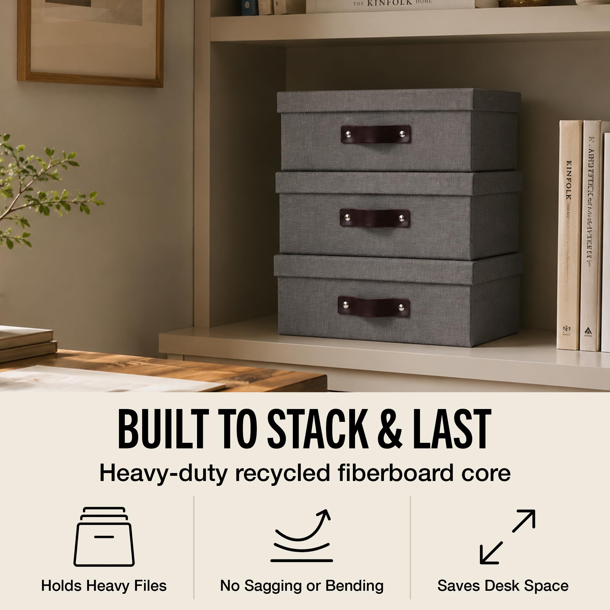 Bigso Oskar Canvas Fiberboard Document Letter Box - File Organizer Box for Important Paperwork - Document Storage with a Lid & Leather Handle - 3.3 in x 10.2 in x 13.8 in - Gray