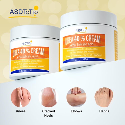 ASDToTio Urea Cream 40% - Foot Care for Dry Cracked Heels, Foot Lotion - With 2% Salicylic Acid, Tea Tree Oil, Shea Butter, Aloe Vera - For Feet, Hands, Heels, Elbows, Knees and More - 6 oz
