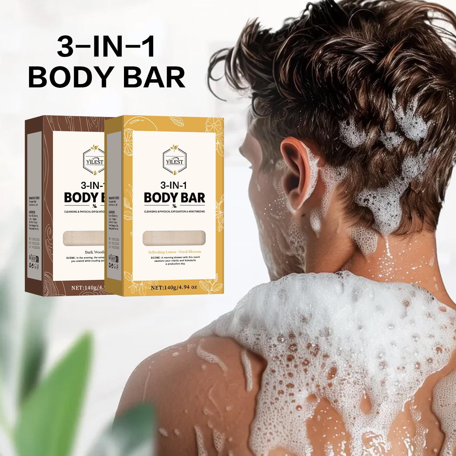 3-in-1 Men's Body Bar Soap Set for Summer – 2 PCS Exfoliating & Moisturizing Bar with Shea Butter & Oatmeal – Long-Lasting Fragrance – Sandalwood + Citrus Scents (2PCS Sandalwood + Citrus Scents)