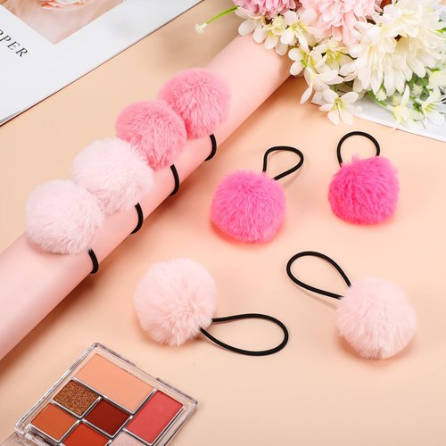 8 Pcs Fluffy Elastic Ball Hair Accessories - Pom Pom Scrunchies in 4 Colors (Pink Series) for Girls, Toddlers and Christmas