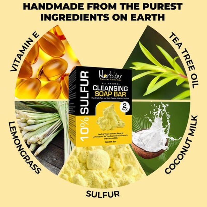 Cleansing 10% Sulfur Soap Bar for Face & Body – Natural Shine Control Facial Cleanser for Acne, Oily Skin – Made in USA Healing Skincare Wash with Lemongrass, Tea Tree Oil, Vitamin E, Coconut Milk