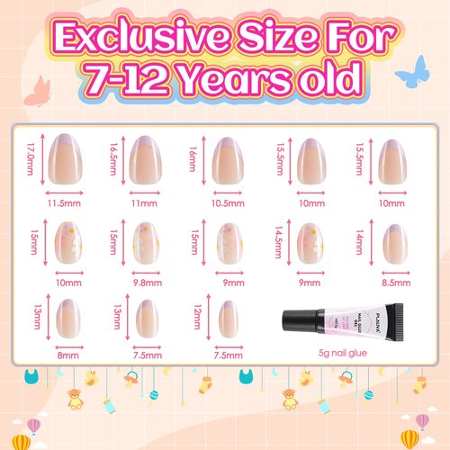 Plauva 26 Pieces Press on Nails for Kids, Children Purple French Tip Daisy Flowers Fake Nail for Kids Teenager Girls 8-12 Years Press on Nails with Nail Glue