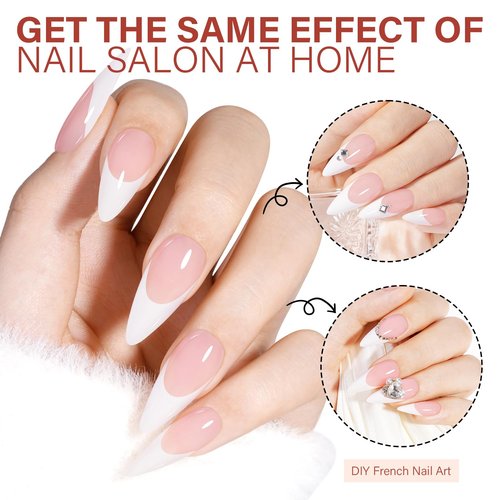 AILLSA French Gel Nail Tips, 180 Pcs French Tip Press On Nails Long Almond Pink, Pre-Applied Primer & Base Coat, No Need File, Soft Long Stiletto Nail Tips, Fake Nails for Women Gift 15 Sizes