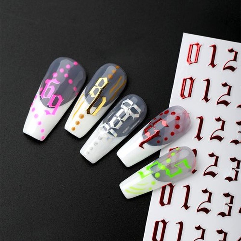 12 Color Nail Art Stickers, 3D Number 0-9 Self-Adhesive Sticker Design, Laser Gold Silver Red Black White Pink Yellow Green Nail Transfer Decals for Women Manicure Decorations