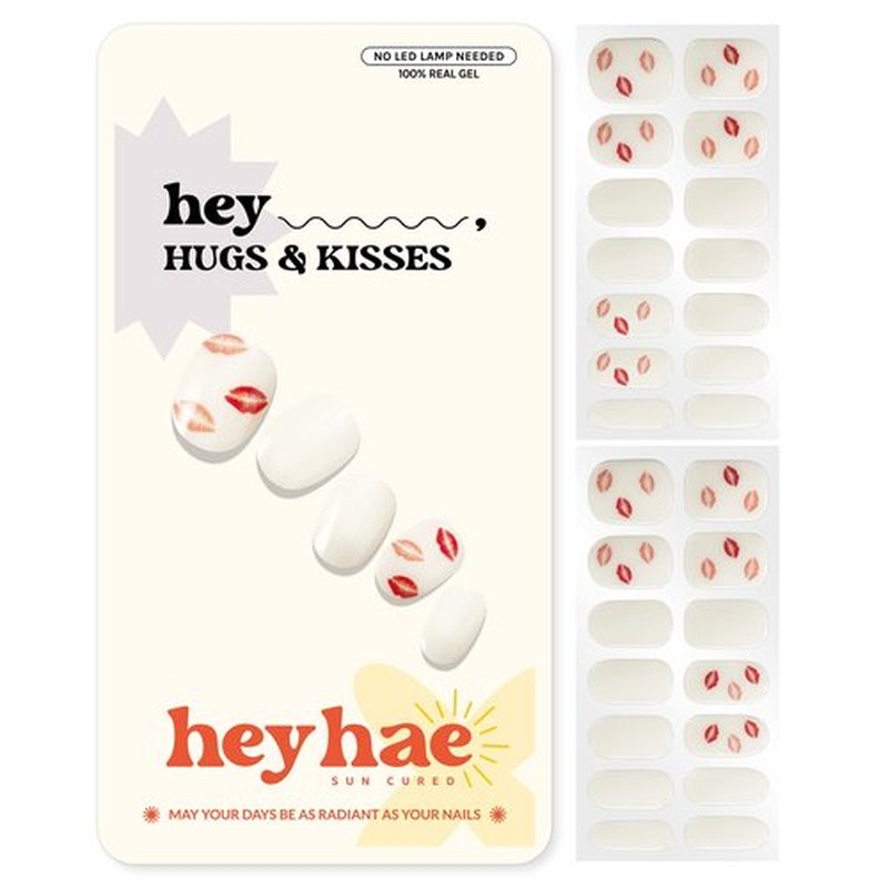 Heyhae Semi Cured Gel Nail Strips | No LED Lamp Needed | Spring, Valentines | Easy Apply & Remove, Salon Quality | Includes 28 Strips, 1 Prep Pads, Nail File & Wooden Stick - Hey, Hugs & Kisses