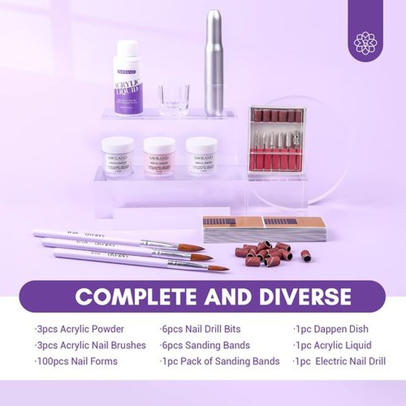 Saviland Acrylic Nail Kit - Drill Included, Clear White Pink Colors, Professional Set with Brushes for DIY Nail Extension