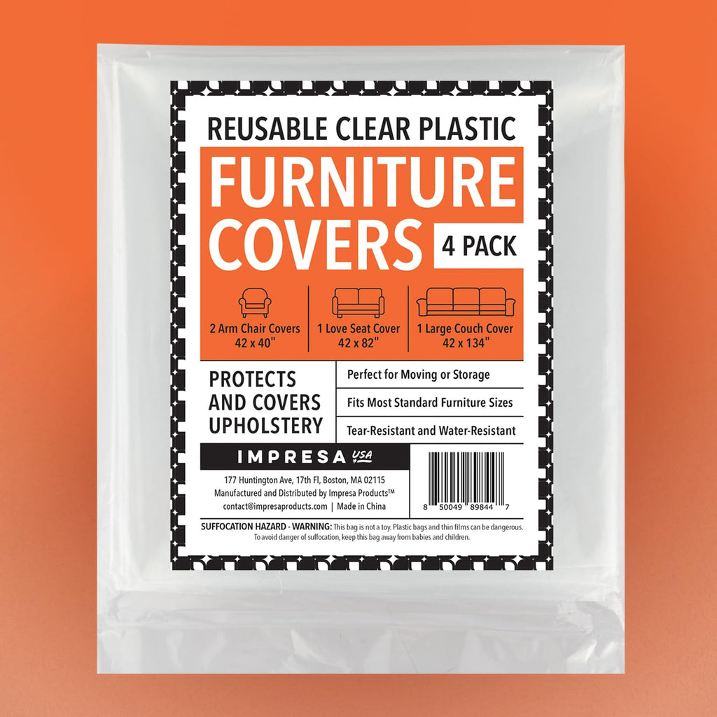 Impresa Plastic Furniture Covers - Pack of 4, 2 Mil, Clear Tear-Resistant Design & Moving Supplies - Dust & Moisture Barrier & Furniture Covers for Storage