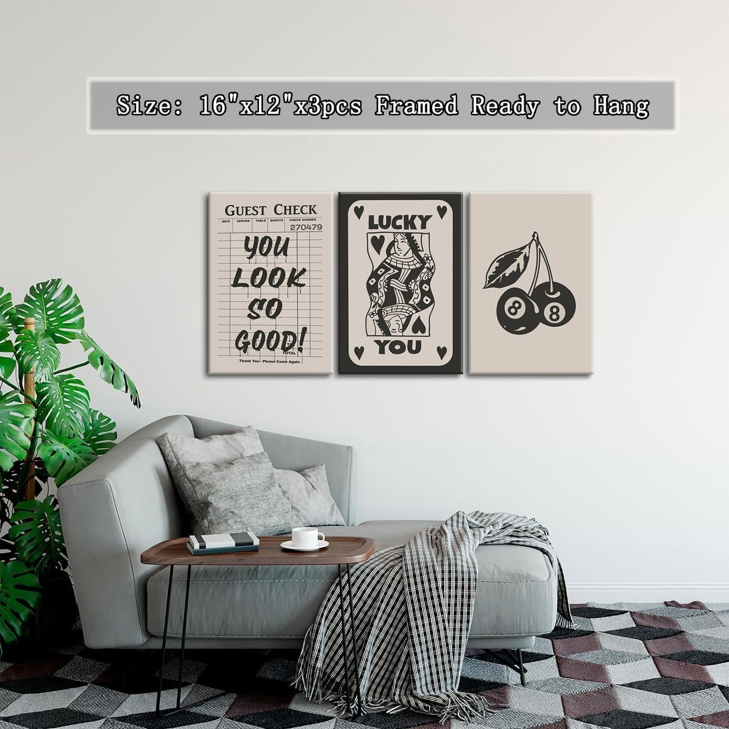 Fashion Poker Framed Canvas Wall Art Set of 3 - Vintage Queen & Lucky You Poster Prints | Aesthetic Black Art for Bedroom & Living Room - 12x16''