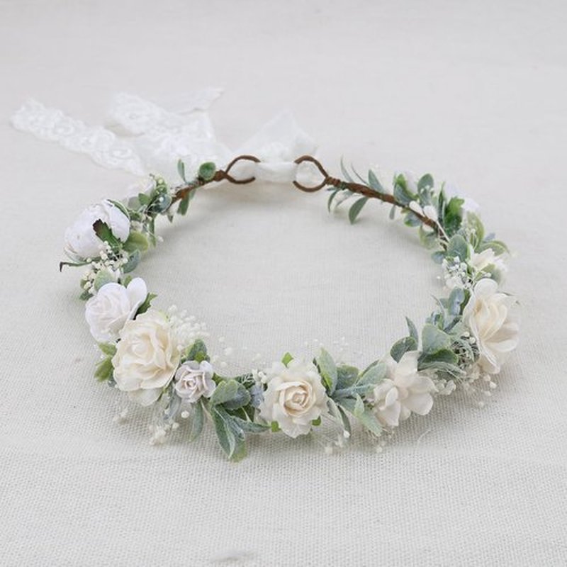 PoshMyra Greenery Flower Crown for Girls White Floral Holo Hair Headpiece Bridal Wreath Bridemaid Crown Rustic Wedding Garland Photo Prop Headband for Child