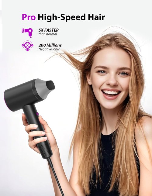 Hair Dryer, 3 Min Fast Drying-110000 RPM Professional High Speed Blow Dryer 200 Millions Negative Ionic Care Hair Dryer, Low Noise Thermo-Control Hairdryer, Travel with Secure Lock Nozzle (Black)