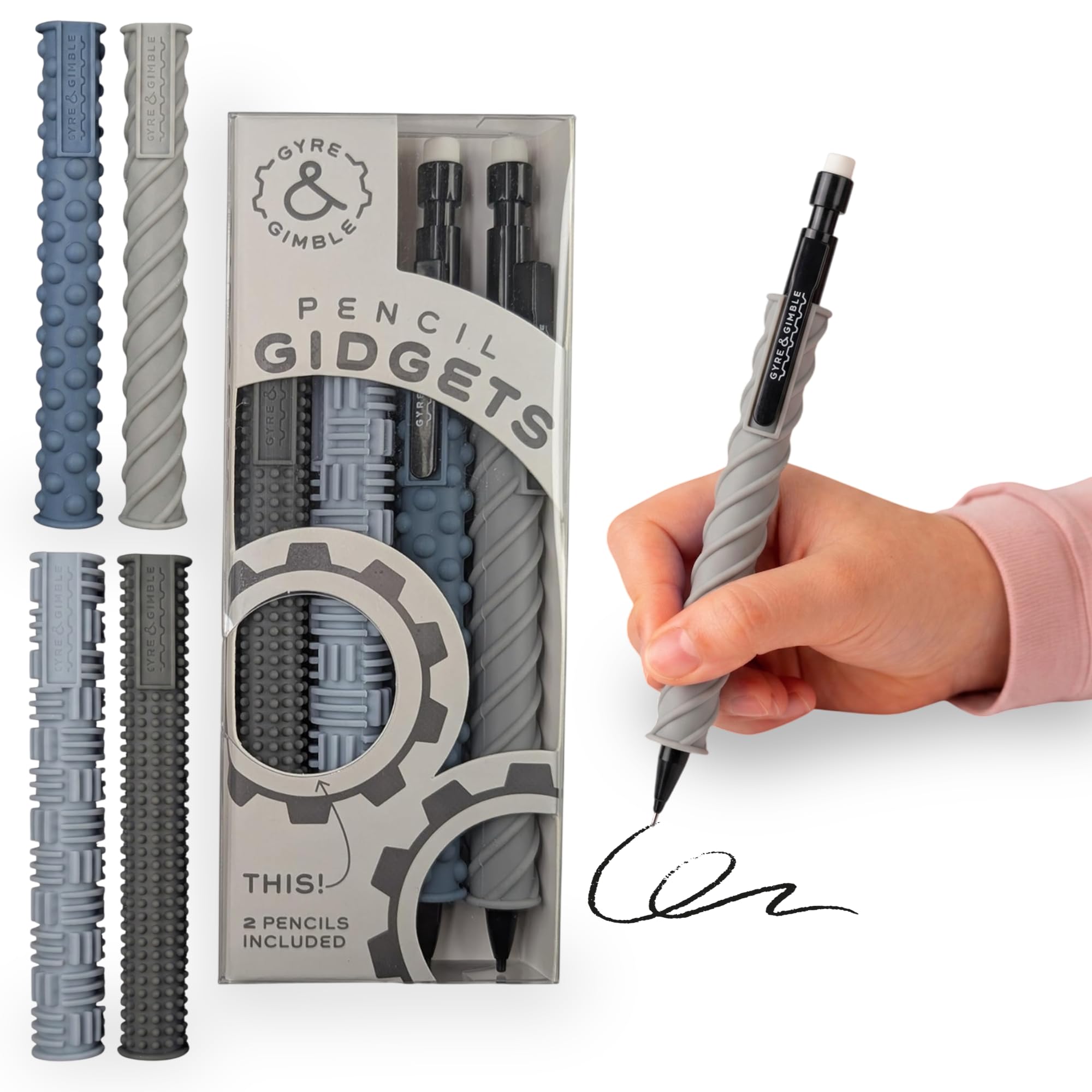 Gyre & Gimble Pencil Gidgets – Textured Silicone Pencil Sleeve for Quiet Fidgeting – Transform Your Mechanical Pencil into a Sensory ADHD Tool for Kids and Adults – 4 Sleeves & 2 Pencils - Gray