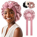 Satin Bonnet for Women - Tie Band Hair Bonnet Large 2 Layered Silk Sleeping Cap Nightcap with 3PCS Hair Scrunchies (Dust Rose)