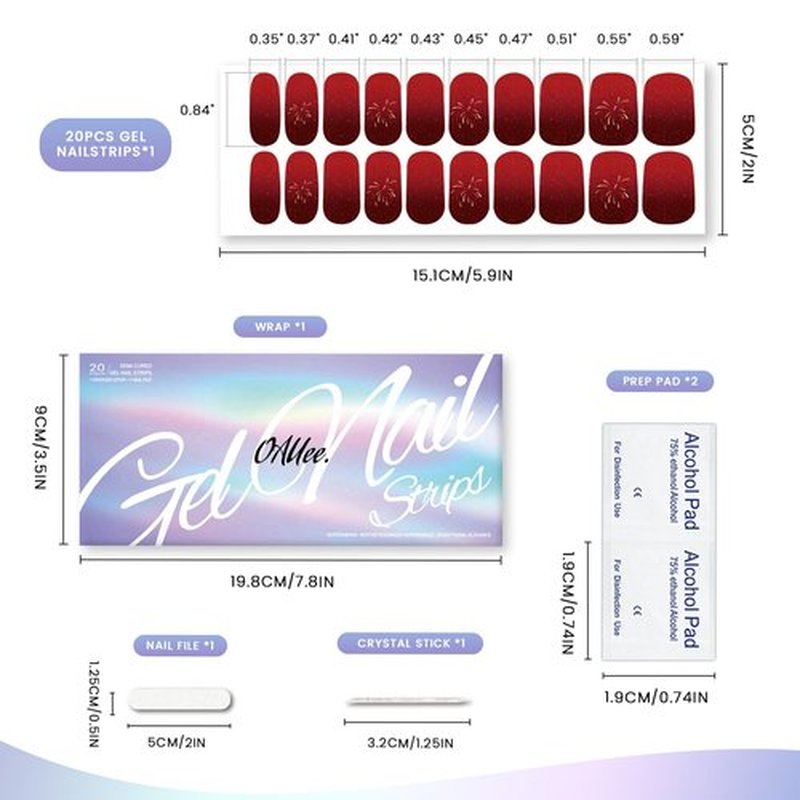 Oauee Semi Cured Gel Nail Strips | 20 Gel Nail Stickers | for Uv/Led Manicure Lamps | Salon Quality, Easy Application and Removal(Red Gradient Color)
