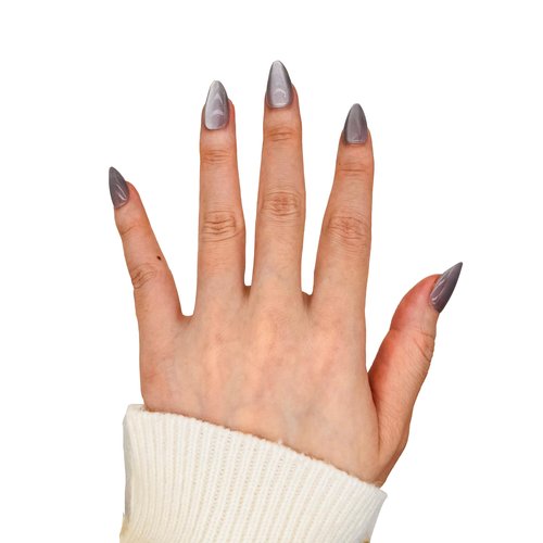Citchniboul Press on Nails Almond - Grey Cat Eye French Tip Fake Nails, Glazed Glue On Nails for Women Gifts, Natural Stick On Nails in 12 Sizes - 24 Soft Gel Fake Nail Kit，Starry Sky