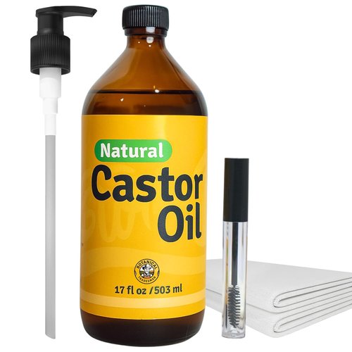 Skiennix Organic Castor Oil Kit - 100% Pure Cold Pressed, Hexane Free | 17oz Glass Bottle with 2 Reusable Cotton Flannel Wraps & Mascara Wand for Eyelashes, Eyebrows, Skin, and Navel Care