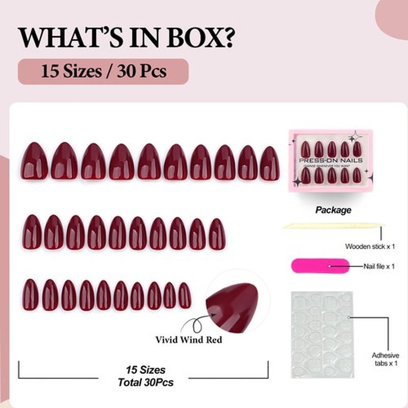 Fomkrio Wine Red Short Press On Nails Almond Acrylic Solid Fake Nails for Women Girls Holiday Valentine's Day, 15 Sizes - 30Pcs Manicure Nail Kit