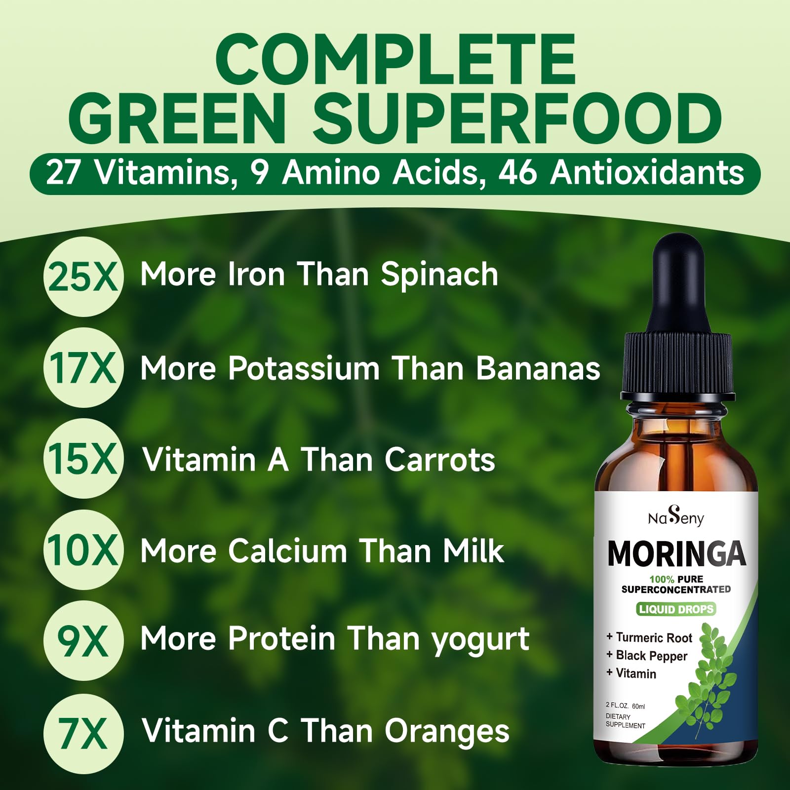 NaSeny Organic Moringa Oleifera Liquid Drops, 1000mg Moringa Leaf Extract w. Turmeric, Black Pepper, Moringa Supplement for Energy, Antioxidant, Joint & Gut, Fast Absorption, Vegan, Non-GMO, 2 Fl Oz