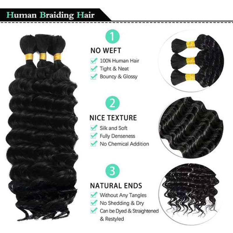 MUXFILLA 12 Inch Human Braiding Hair for Boho Braids 100g Deep Wave Curly Boho Hair for Braiding Knotless 3 Bundles/Pack Natural Black