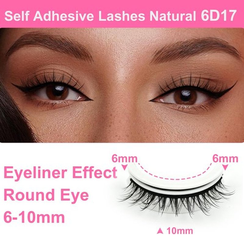 Self Adhesive Eyelashes Preglued Glueless - Natural Look No Glue Eyelashes 10mm Natural Round Eye Waterproof Glueless No Glue Needed Reusable Stick on False Strip Lashes (6D17 with Tweezers)